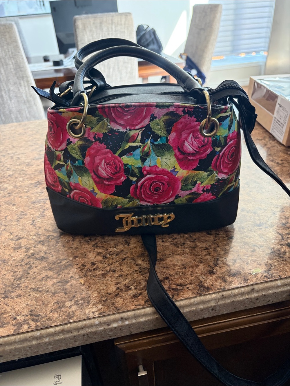 Juicy Couture Black Satchel with Pink Rose Floral Print